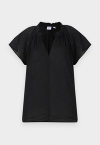 Μαύρο μπλουζάκι με κοντά μανίκια, με σούρες στο ντεκολτέ και άνοιγμα στο μπροστινό μέρος σε σχήμα V, κατασκευασμένο από ελαφρύ, ημιδιαφανές ύφασμα.