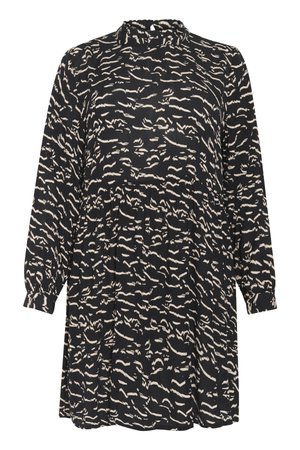 Zwarte jurk met een golvend beige abstract patroon, geplooid ontwerp en een hoge hals met een knoopsluiting aan de achterkant. Lange mouwen.