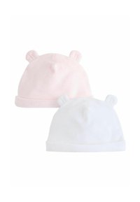 Due cappelli morbidi in fleece per neonati, uno rosa e uno bianco, ciascuno con piccole orecchie arrotondate in cima, mostrati su uno sfondo bianco.
