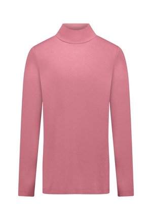 Roze coltrui met lange mouwen gemaakt van gladde stof, plat liggend tegen een witte achtergrond.