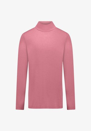 Roze coltrui met lange mouwen gemaakt van gladde stof, plat liggend tegen een witte achtergrond.