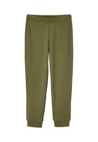 Olivgrüne, gerippte Strickhosen mit elastischem Bund und umgeschlagenen Knöcheln, entworfen für Freizeitkleidung.