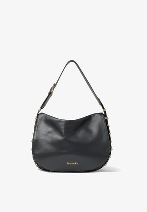 Borsa a tracolla in pelle nera con borchie dorate lungo i bordi, tracolla regolabile e piccolo logo "braccialini" dorato sulla parte anteriore.