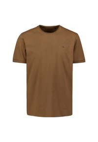 Bruine korte mouwen t-shirt van zachte, lichte stof. Beschikt over een eenvoudige ronde hals en een klein logo op de linkerkant van de borst.