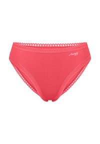 Κοραλλί ροζ σλιπ με δαντέλα σε κυματιστό σχέδιο και λογότυπο. Μαλακό ύφασμα, κλασική υψηλή γραμμή και άθερμες άκρες για άνεση.