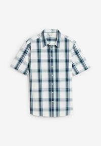 Camicia a maniche corte con bottoni, caratterizzata da un motivo a quadri in sfumature di teal, grigio e bianco. Realizzata in tessuto leggero con colletto standard.