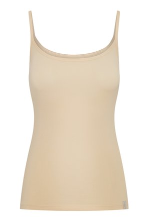 Beige tank top with thin straps, made from a smooth, stretchy material. Features a rounded neckline and a fitted silhouette.