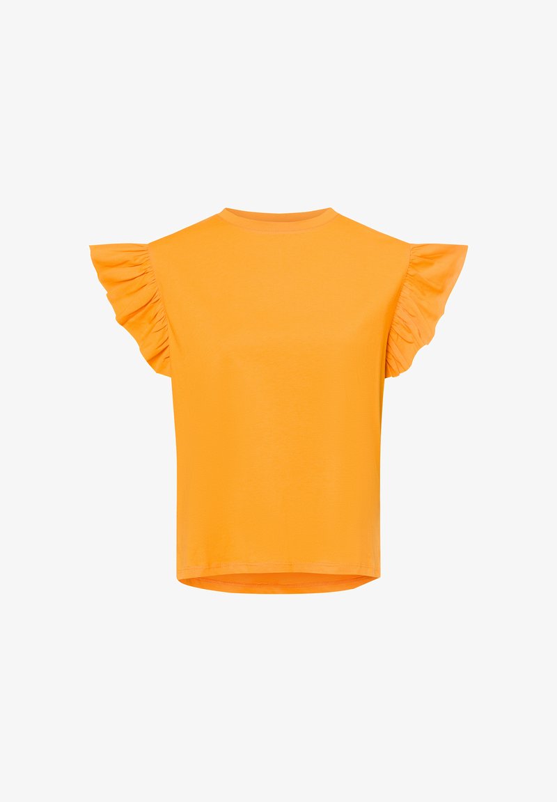 Oranges kurzärmliges Oberteil mit Rüschendetails an den Schultern, aus weichem Stoff gefertigt, mit rundem Ausschnitt und geradem Saum.