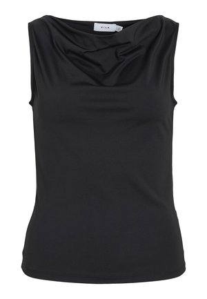 Must värviga ilma varrukateta topp, millel on voolav kaelus ja vaidustatud siluett, krae sees on märk "VILA".