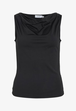 Must värviga ilma varrukateta topp, millel on voolav kaelus ja vaidustatud siluett, krae sees on märk "VILA".