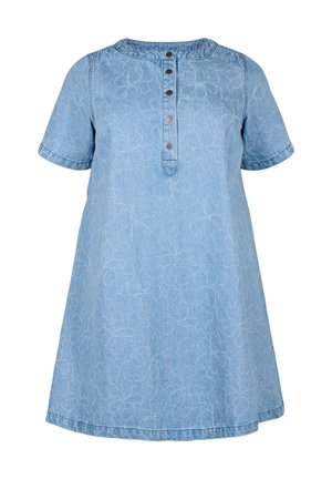 Light blue denim dress with a round neckline, short sleeves, and front button closure. Features a floral pattern and loose fit.