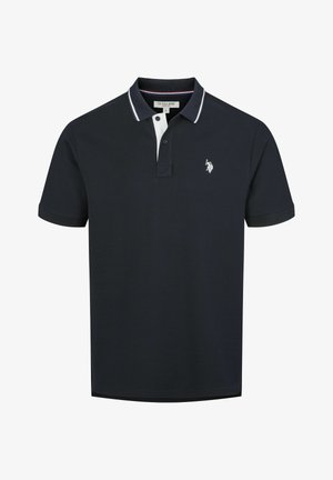 Mornarska polo majica iz teksturirane tkanine, z belim ovratnikom in črtastimi akcenti, z majhnim vezenim logotipom na prsih.