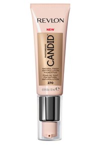 Revlon-foundation i en rosa tube med en silver- och klar pump. Produktens etikett indikerar "Naturlig finish anti-pollution" och nyans 270.