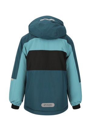 Teal, black, and light blue hooded jacket with elastic cuffs, a smooth texture, and a prominent logo on the lower back. Reflective accents.