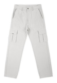Pantaloni cargo de culoare gri deschis, cu croi drept, prezentând buzunare laterale și două buzunare cargo distincte pe fiecare coapsă, confecționați dintr-un material rezistent.