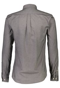 Camicia grigia a maniche lunghe con bottoni, colletto, dettaglio a pieghe sul retro e orlo arrotondato, realizzata in tessuto morbido.
