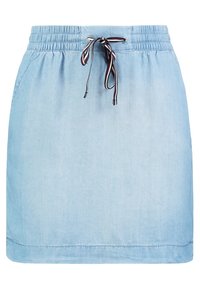 Gonna in denim blu chiaro con vita elastica e laccetto. Presenta un semplice silhouette a A e una texture liscia.