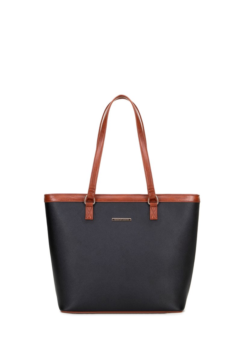 Black tote bag made of textured material with brown faux leather accents. Features two long straps and a small metallic logo on the front.