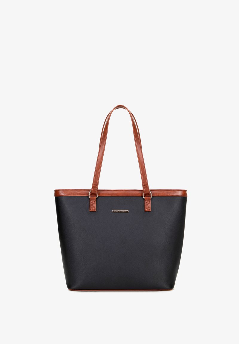 Black tote bag made of textured material with brown faux leather accents. Features two long straps and a small metallic logo on the front.