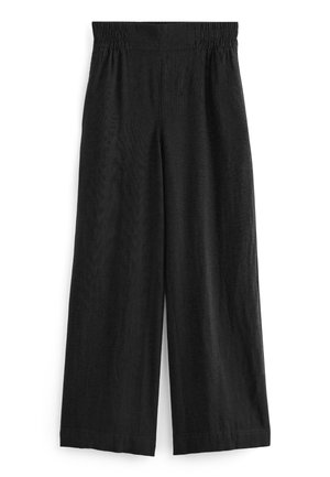 Czarne spodnie o szerokich nogawkach z elastycznym paskiem, wykonane z lekkiego materiału, rozłożone na płasko na białym tle.