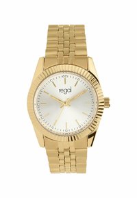 Gold-tone watch with a polished silver dial, thin hour markers, and a ridged bezel. Features a textured metal link bracelet.