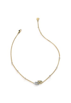 Goldkette mit gleichmäßig verteilten kleinen runden Edelsteinen und einem dekorativen Verschluss, ergänzt durch einen silbernen und schwarzen Lock-Akzent.