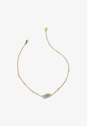 Collana in oro con una serie di piccole gemme rotonde distribuite uniformemente e una chiusura decorativa, con un accento argentato e nero.