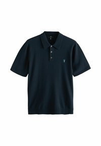 Mørkeblå kortærmet polo lavet af strikket stof, med klassisk krave og tre-knaps lukning samt et lille broderet logo.