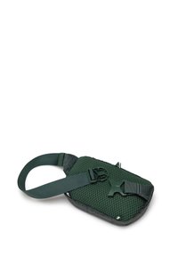 Sac en mesh vert de forme rectangulaire. Il dispose d'une large sangle, d'une boucle en plastique et d'une surface texturée avec un motif en grille.