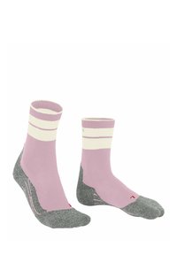 Helllila Socken mit weißen Streifen und grauem strukturiertem Boden, ausgestattet mit verstärkten Zehen und Fersen. Bequeme Passform für den Freizeitgebrauch.