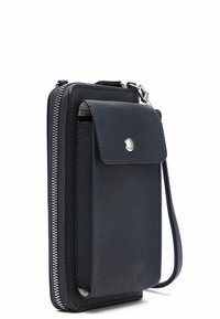 Navy leather wallet with a zip-around closure, front flap, silver snap button, and wrist strap; textured surface and compact rectangular shape.