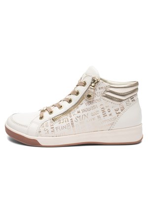 White high-top sneaker with beige laces, side zipper, gold text patterns, and metallic padded collar for added style and comfort.