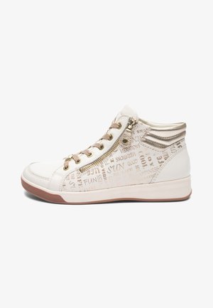 White high-top sneaker with beige laces, side zipper, gold text patterns, and metallic padded collar for added style and comfort.
