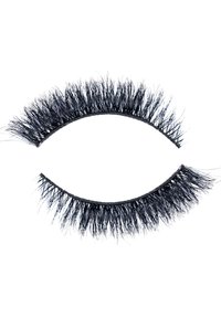 Black false eyelashes with a soft, feathery texture, featuring varying lengths and a flexible band for easy application.