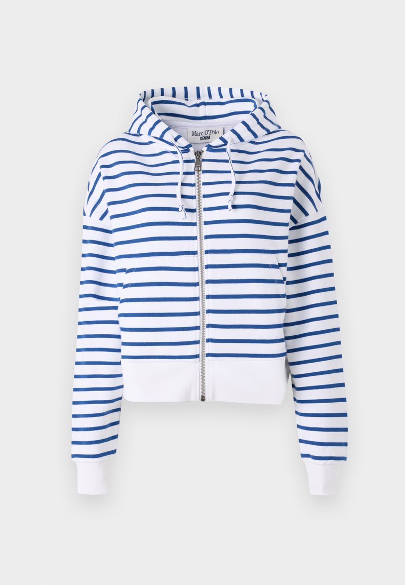 Krótkia bluzka z kapturem w kolorze białym z niebieskimi poziomymi paskami. Posiada sznurek przy kapturze i ściągacze przy mankietach dla lepszego dopasowania. Wykonana z miękkiego materiału bawełnianego.