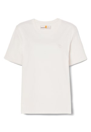 Weißes Baumwoll-T-Shirt mit kurzen Ärmeln, Rundhals und einem dezenten gestickten Baum-Logo auf der linken Brust. Normale Passform.