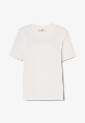 Weißes Baumwoll-T-Shirt mit kurzen Ärmeln, Rundhals und einem dezenten gestickten Baum-Logo auf der linken Brust. Normale Passform.