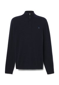 Navy pullover sweater with a high collar and quarter-zip design. Features a small logo on the chest and long sleeves, crafted from soft fabric.