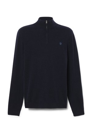 Maglione pullover blu navy con colletto alto e design a zip quarti. Presenta un piccolo logo sul petto e maniche lunghe, realizzato in tessuto morbido.