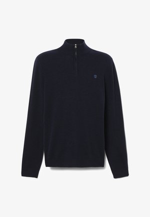 Maglione pullover blu navy con colletto alto e design a zip quarti. Presenta un piccolo logo sul petto e maniche lunghe, realizzato in tessuto morbido.
