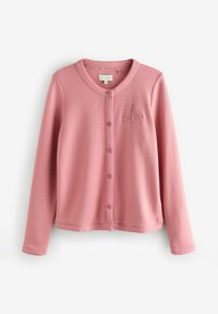 Lichtroze cardigan gemaakt van zachte stof, met een ronde hals, knoopsluiting en een textuuraccent langs de zoom en manchetten.