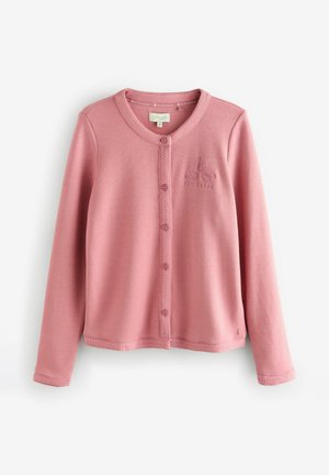 Lichtroze cardigan gemaakt van zachte stof, met een ronde hals, knoopsluiting en een textuuraccent langs de zoom en manchetten.