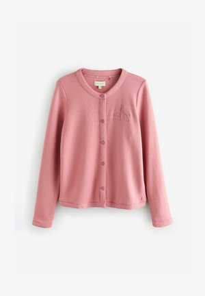 Lichtroze cardigan gemaakt van zachte stof, met een ronde hals, knoopsluiting en een textuuraccent langs de zoom en manchetten.