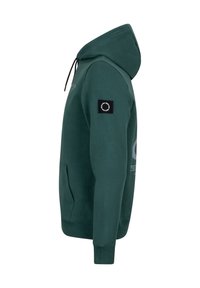 Grüne Kapuzenjacke mit verstellbarem Kapuzenzug, Seitentasche und gerippten Bündchen. Verfügt über ein Logopatch an den Ärmeln und bedruckten Text auf der Vorderseite.