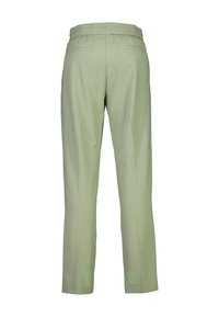 Light green, elastic-waist trousers with a smooth texture, featuring two back pockets and tapered legs. No visible fastenings or embellishments.