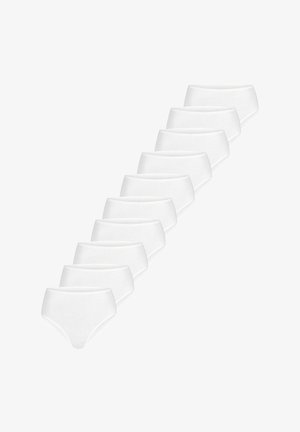 Hvide bomulds-trusser, blød tekstur, høj talje-design, elastisk stof, vist i en række af ti, ensartet form og størrelse.