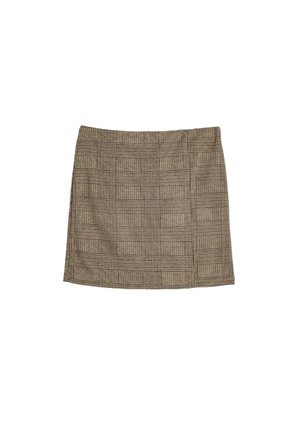 Geruit mini-jurkje in tinten van bruin en crème. Gestructureerd ontwerp met een rechte snit en een gladde stoftextuur.