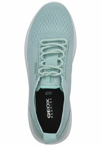 Scarpa Geox Respira azzurro chiaro con tomaia in maglia traspirante, lacci piatti, soletta imbottita e suola in gomma bianca.
