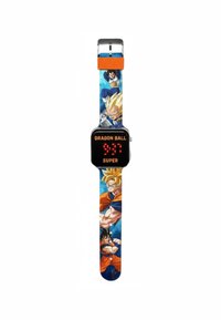 Digitale klok met een zwarte wijzerplaat, rode LED-display en een kleurrijke band met Dragon Ball-personages in levendig blauw, oranje en geel.