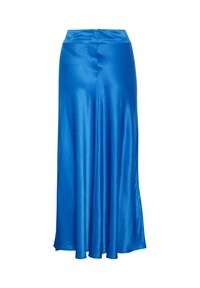 Blaue Satin-Rock mit glatter Textur, in voller Länge und leicht ausgefranst am Saum, mit einem verdeckten Reißverschluss hinten.